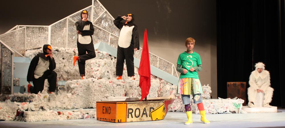 Five actors on the stage for a production of "Sophie and the Adventures of Ice Island" 