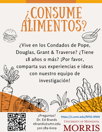A promotional poster in Spanish for a food survey being conducted by UMN Morris faculty
