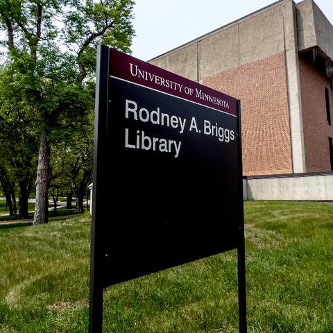 The road sign for Rodney A. Briggs Library