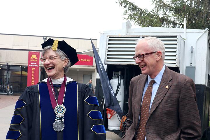 Chancellor Janet Schrunk Ericksen laughs with Duluth campus Interim Chancellor David McMillan.